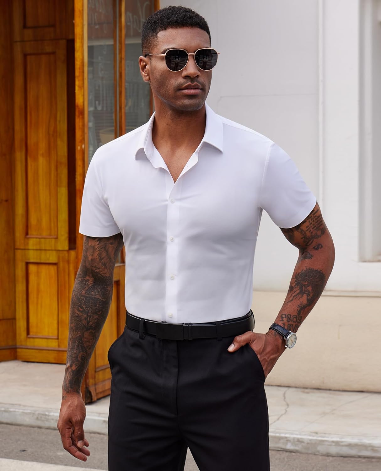 Stretch Dress Shirts for Men Short Sleeve Slim Fit Casual Button Down Shirts Muscle Fit Men's Dress Shirts